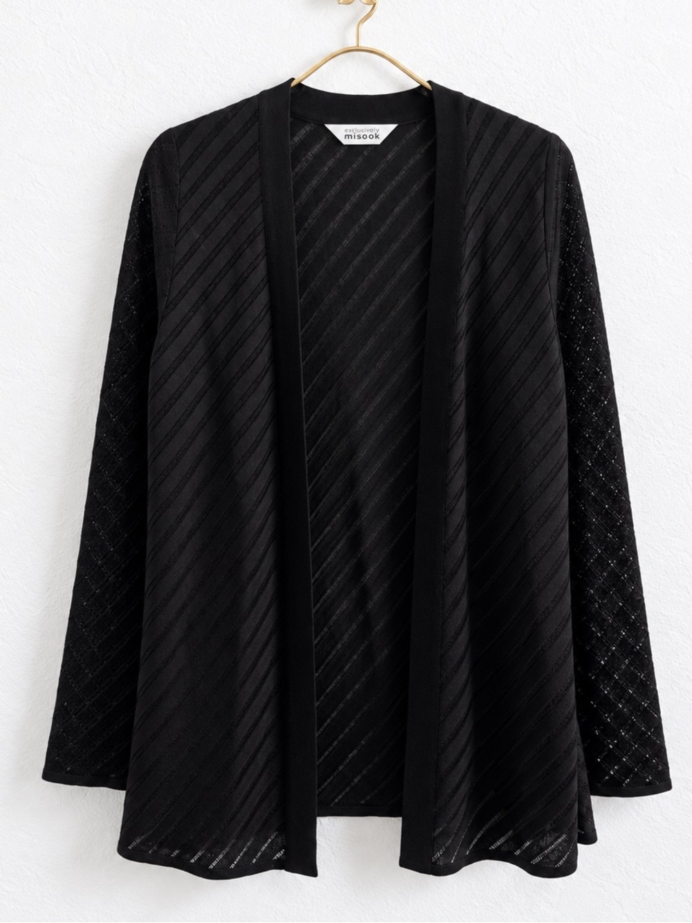 EXCLUSIVELY MISOOK BLACK ON BLACK SHEER STRIPE KNIT JACKET CARDIGAN TOP SZ L